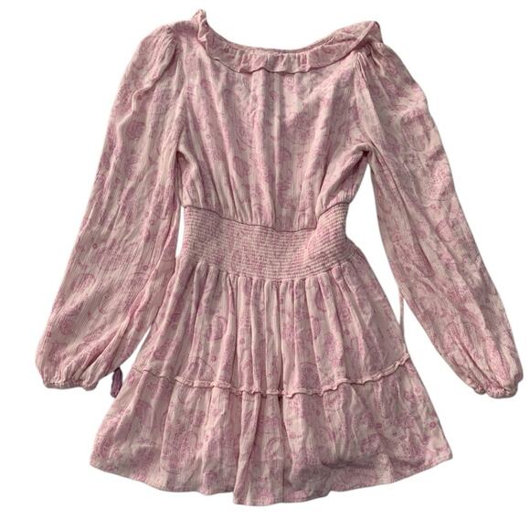 House of Harlow 1960 womens XS pink paisley smocked mini dress puff Ajay v neck - Picture 2 of 13